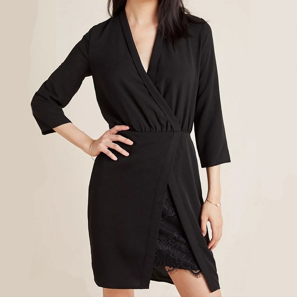 NEW NSR Naomi Surplice Dress Black 3/4 sleeve LBD Little Black Dress